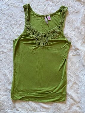 One Step Ahead Olive Green Crochet Yoke Tank